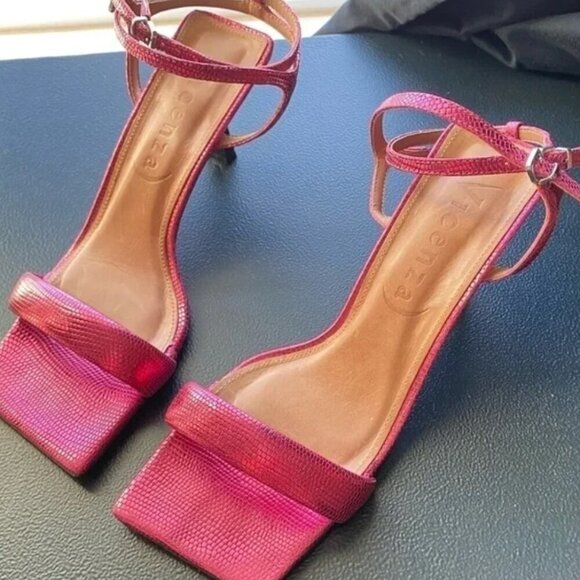 Anthropologie Vicenza Strappy Metallic Heels Magenta Pink Croc Embossed Size 7 - Picture 5 of 9